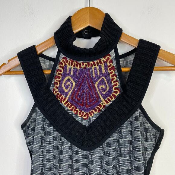 Save the Queen Y2K Mesh Halter Sleeveless Hi Low Chenille Tunic Top Black L - Picture 3 of 15